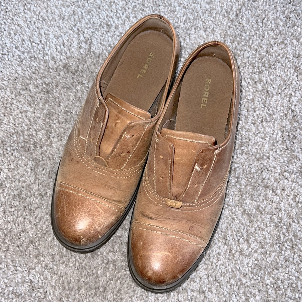 SOREL Major Oxford Camel Brown Tan Cap Toe Laceless Loafer Slip-On
